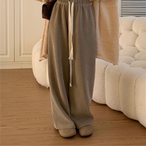 Winter High Waist Plush Drawstrings Thick Straight Solid Pants - Image 8