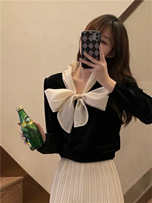 Winter Bow Collar Long Sleeves Velvet Blouse - Image 3