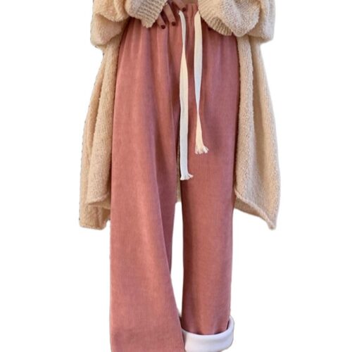 Winter High Waist Plush Drawstrings Thick Straight Solid Pants - Image 3