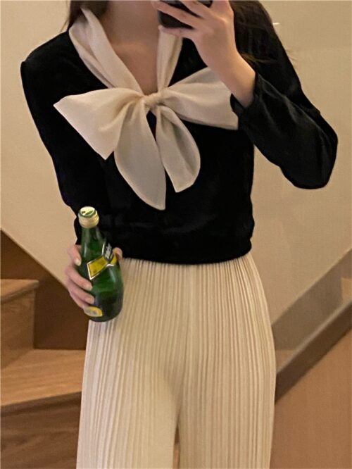Winter Bow Collar Long Sleeves Velvet Blouse - Image 2