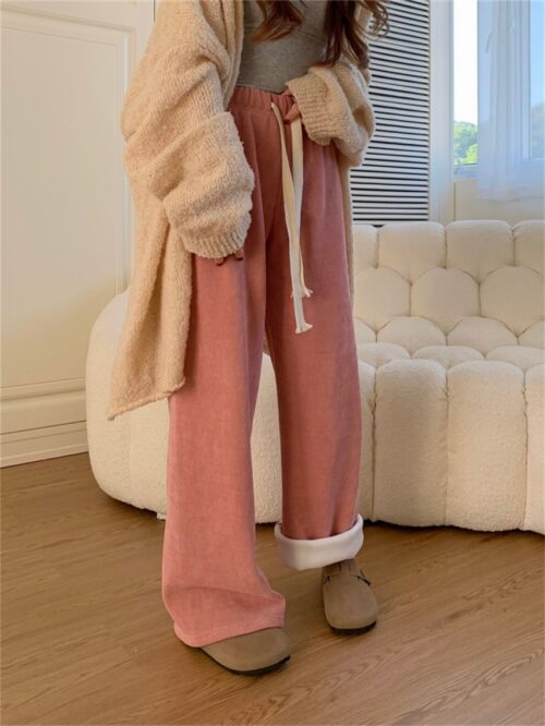 Winter High Waist Plush Drawstrings Thick Straight Solid Pants - Image 2