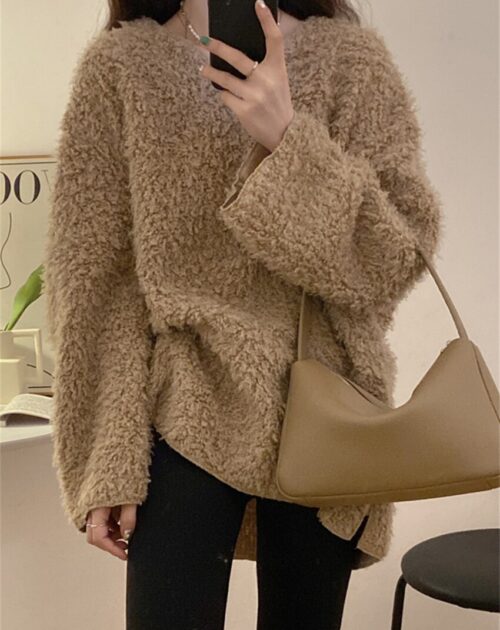 Winter V-Neck Long Sleeves Loose Solid Sweatshirt