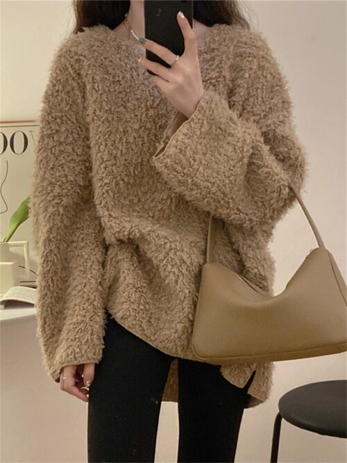 Winter V-Neck Long Sleeves Loose Solid Sweatshirt