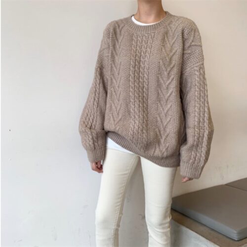 Winter O-Neck Long Sleeves Twist Oversized Solid Sweater - Image 2