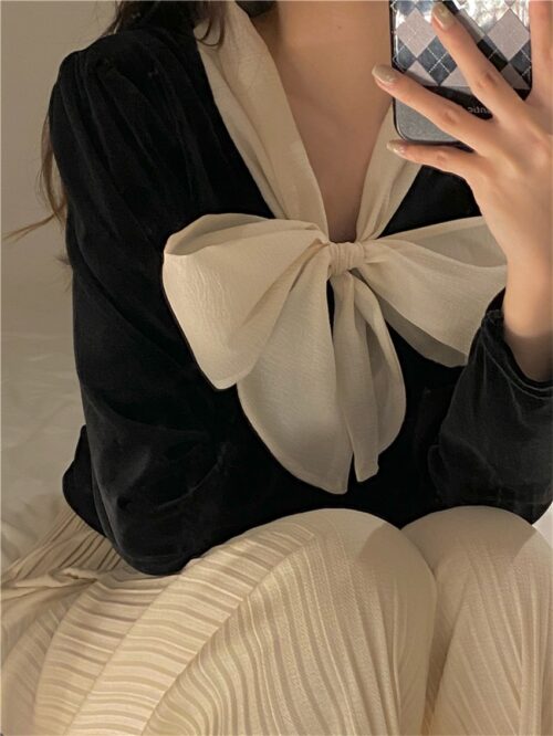 Winter Bow Collar Long Sleeves Velvet Blouse - Image 5