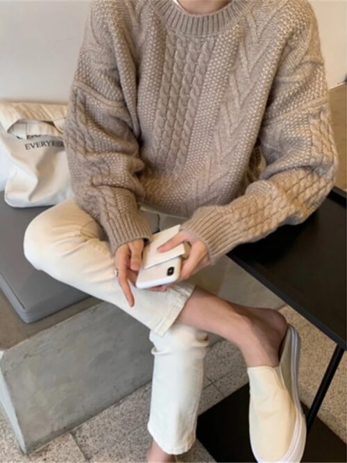 Winter O-Neck Long Sleeves Twist Oversized Solid Sweater