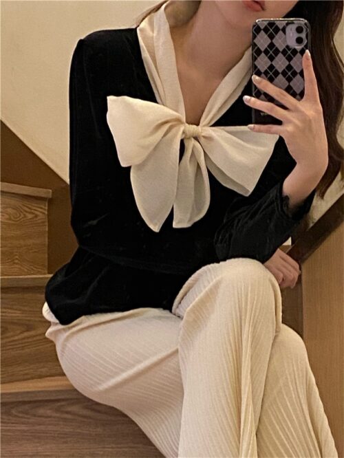 Winter Bow Collar Long Sleeves Velvet Blouse - Image 4