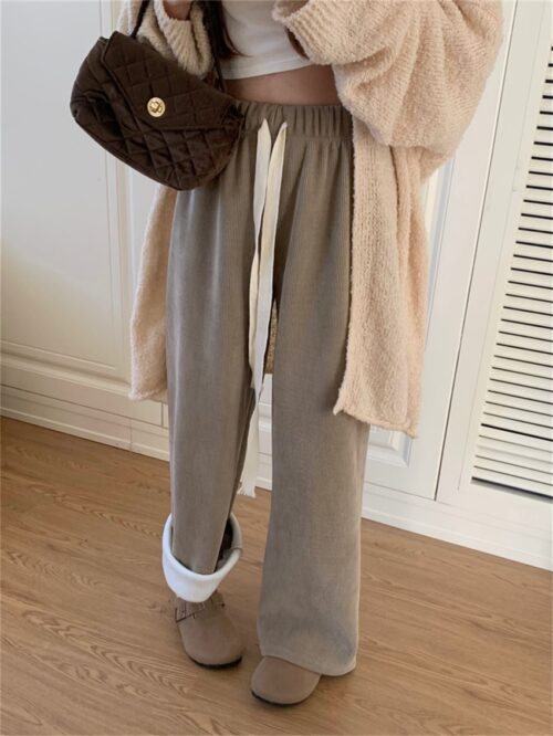Winter High Waist Plush Drawstrings Thick Straight Solid Pants - Image 9