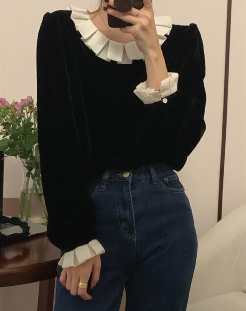 Winter Circular Ruffle Collar Long Sleeves Velvet Blouse