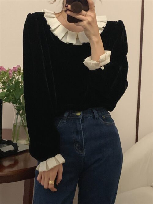 Winter Circular Ruffle Collar Long Sleeves Velvet Blouse