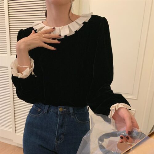 Winter Circular Ruffle Collar Long Sleeves Velvet Blouse - Image 4