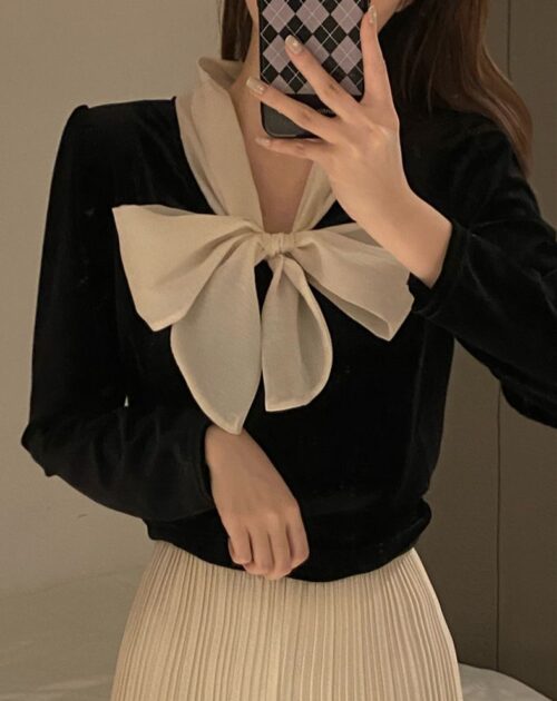 Winter Bow Collar Long Sleeves Velvet Blouse