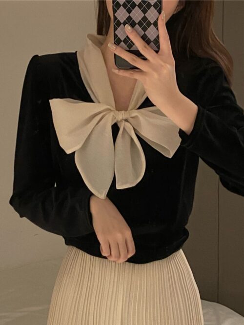 Winter Bow Collar Long Sleeves Velvet Blouse