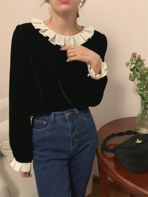 Winter Circular Ruffle Collar Long Sleeves Velvet Blouse - Image 3