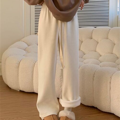 Winter High Waist Plush Drawstrings Thick Straight Solid Pants - Image 4
