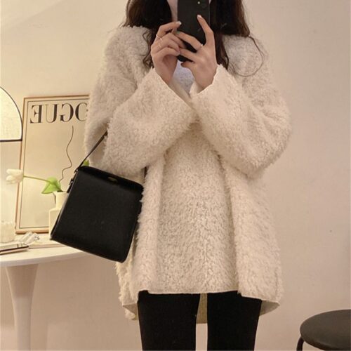 Winter V-Neck Long Sleeves Loose Solid Sweatshirt - Image 2
