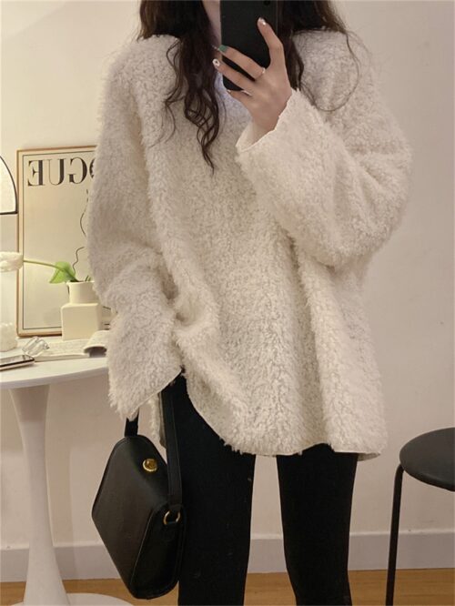 Winter V-Neck Long Sleeves Loose Solid Sweatshirt - Image 3