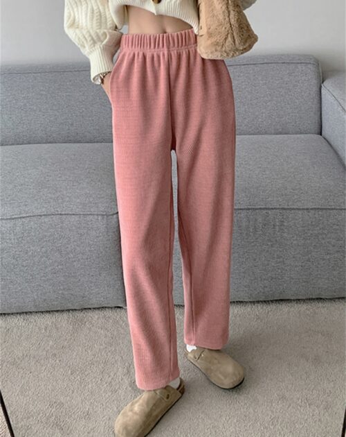 Winter High Waist Plush Thick Straight Solid Pants