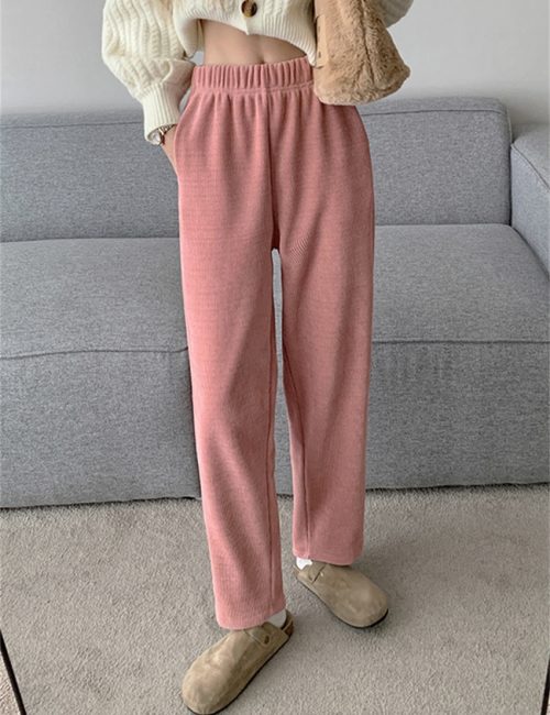 Winter High Waist Plush Thick Straight Solid Pants