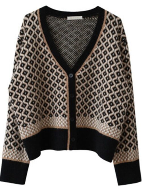 Spring / Autumn V-Neck Rhombic Thick Hem Knitted Cardigan - Image 3
