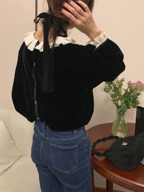 Winter Circular Ruffle Collar Long Sleeves Velvet Blouse - Image 5