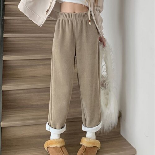 Winter High Waist Plush Thick Straight Solid Pants - Image 4