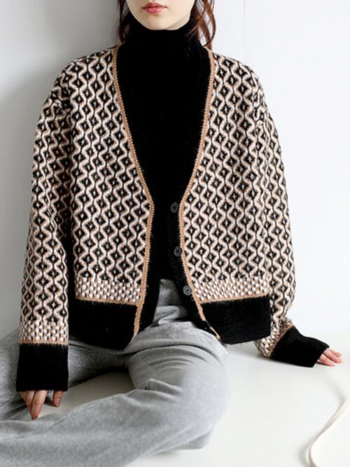 V-Neck Rhombic Thick Hem Knitted Cardigan