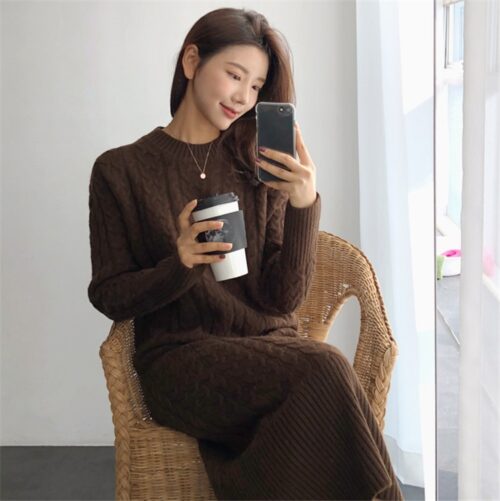 Winter O-Neck Long Sleeves Twist Split Straight Knitted Midi Dress - Image 5