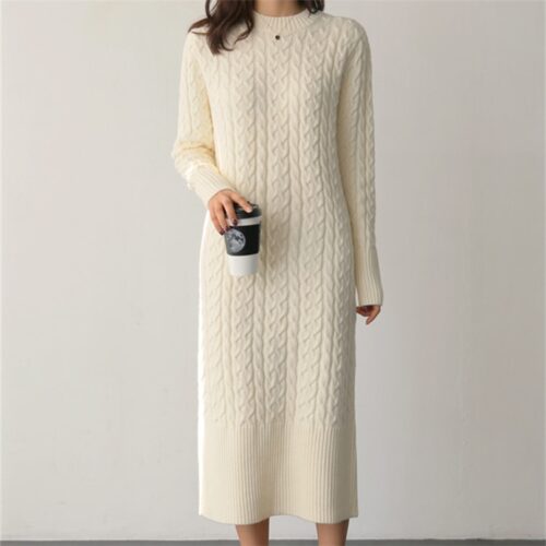 Winter O-Neck Long Sleeves Twist Split Straight Knitted Midi Dress - Image 2