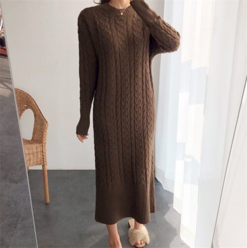 Winter O-Neck Long Sleeves Twist Split Straight Knitted Midi Dress - Image 6