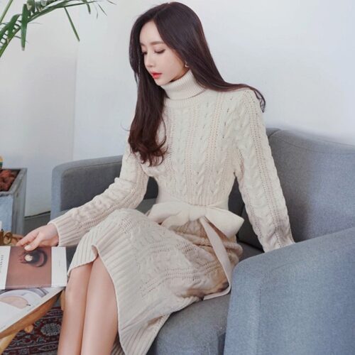Turtleneck Long Sleeves Twist Knitted Midi Dress