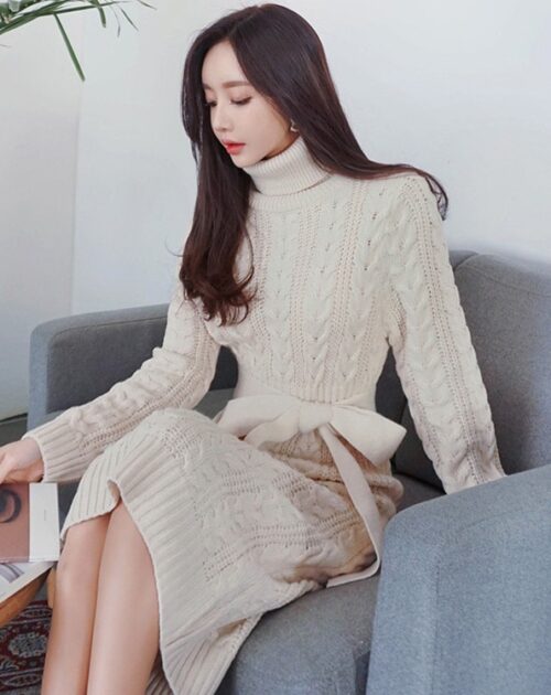 Turtleneck Long Sleeves Twist Knitted Midi Dress