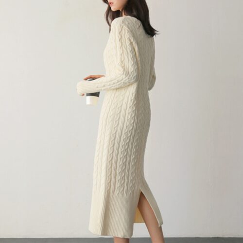 Winter O-Neck Long Sleeves Twist Split Straight Knitted Midi Dress - Image 4