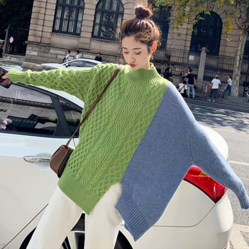 Winter Korean Stand Collar Long Sleeves Split Patchwork Sweater - Image 4