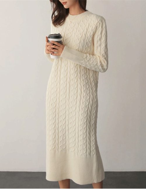 Winter O-Neck Long Sleeves Twist Split Straight Knitted Midi Dress