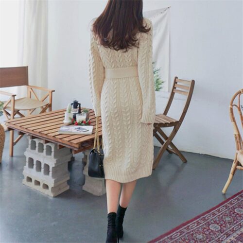 Winter Turtleneck Long Sleeves Twist Knitted Midi Dress with Belt - Image 5
