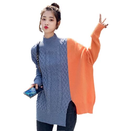 Winter Korean Stand Collar Long Sleeves Split Patchwork Sweater - Image 5