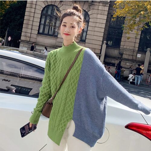 Winter Korean Stand Collar Long Sleeves Split Patchwork Sweater - Image 3