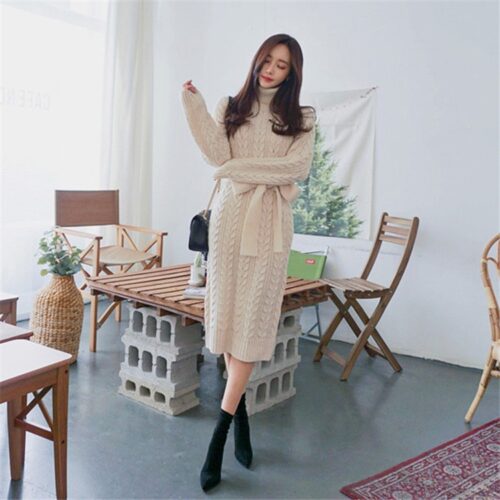 Winter Turtleneck Long Sleeves Twist Knitted Midi Dress with Belt - Image 4