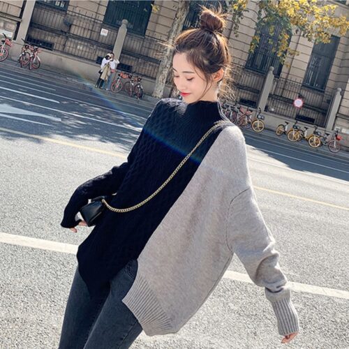 Winter Korean Stand Collar Long Sleeves Split Patchwork Sweater - Image 2