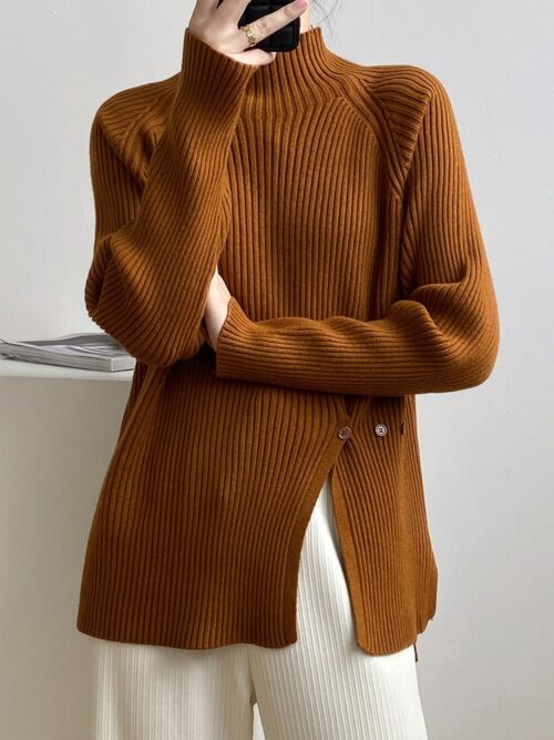 Winter Korean Stand Collar Long Sleeves Split Solid Sweater - Image 5