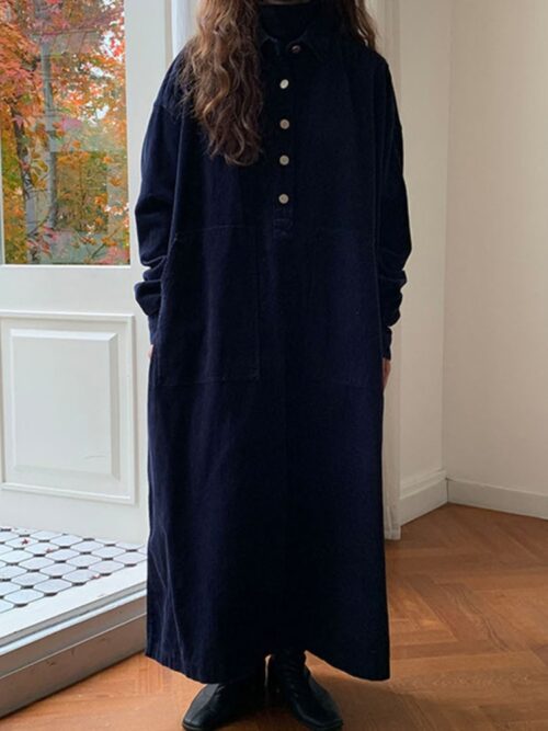 Autumn / Winter Korean Turn-Down Collar Long Sleeves Corduroy Buttons Large Pockets Maxi Dress - Image 2