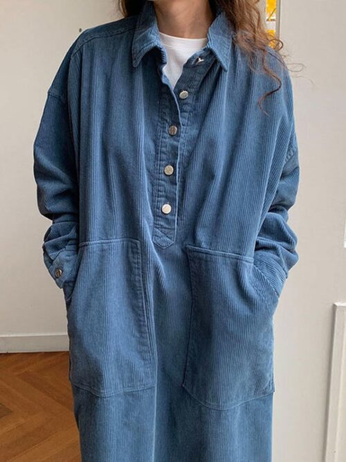 Autumn / Winter Korean Turn-Down Collar Long Sleeves Corduroy Buttons Large Pockets Maxi Dress - Image 3