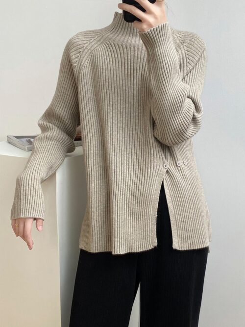 Winter Korean Stand Collar Long Sleeves Split Solid Sweater - Image 6
