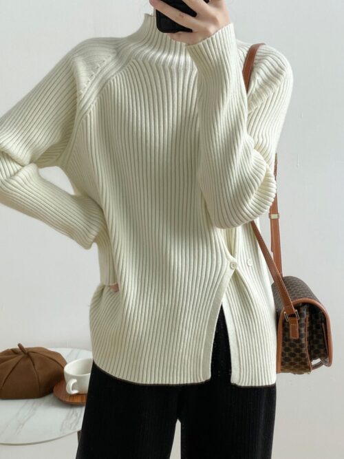 Winter Korean Stand Collar Long Sleeves Split Solid Sweater - Image 3