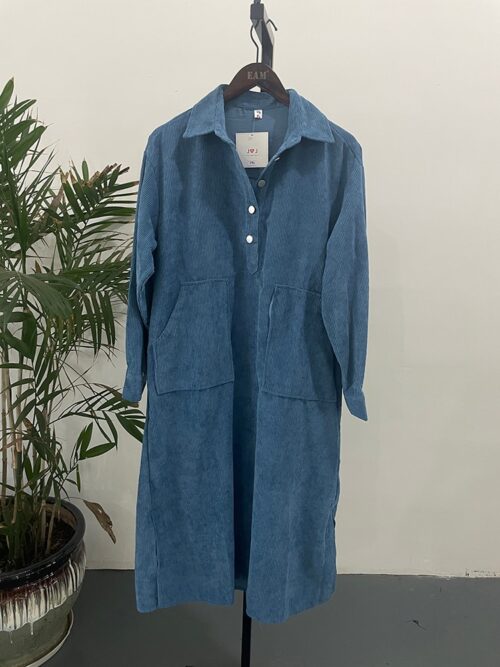 Autumn / Winter Korean Turn-Down Collar Long Sleeves Corduroy Buttons Large Pockets Maxi Dress - Image 4