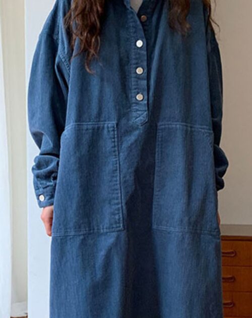 Autumn / Winter Korean Turn-Down Collar Long Sleeves Corduroy Buttons Large Pockets Maxi Dress