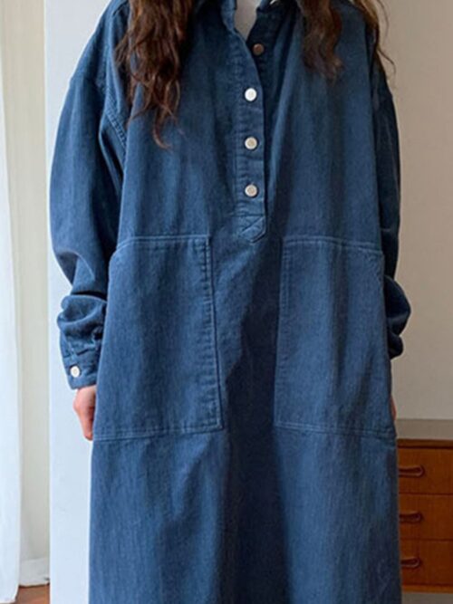 Autumn / Winter Korean Turn-Down Collar Long Sleeves Corduroy Buttons Large Pockets Maxi Dress - Image 5