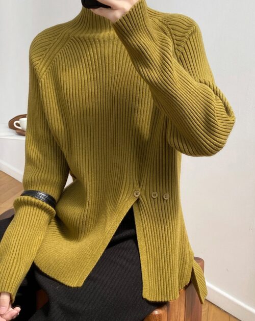 Winter Korean Stand Collar Long Sleeves Split Solid Sweater