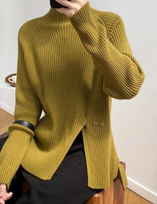 Winter Korean Stand Collar Long Sleeves Split Solid Sweater